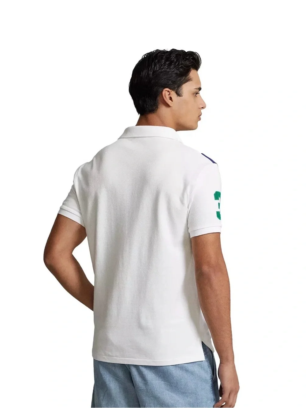 Ralph Lauren White Polo with Navy Diagonal Stripe and Green Logo